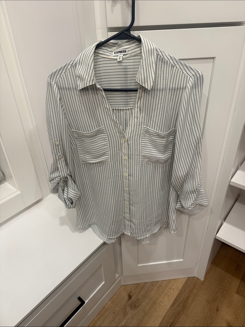Express Women’s White Blouse with Thin blue Stripes